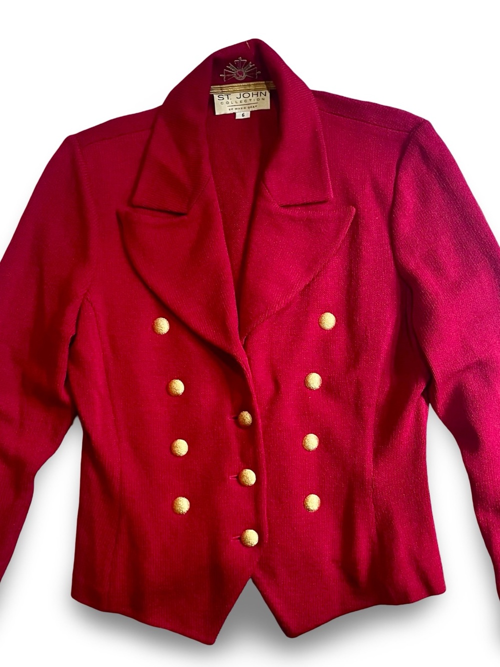 Vintage St. John Bright Red Double-Breasted Knit Blazer with Gold Buttons